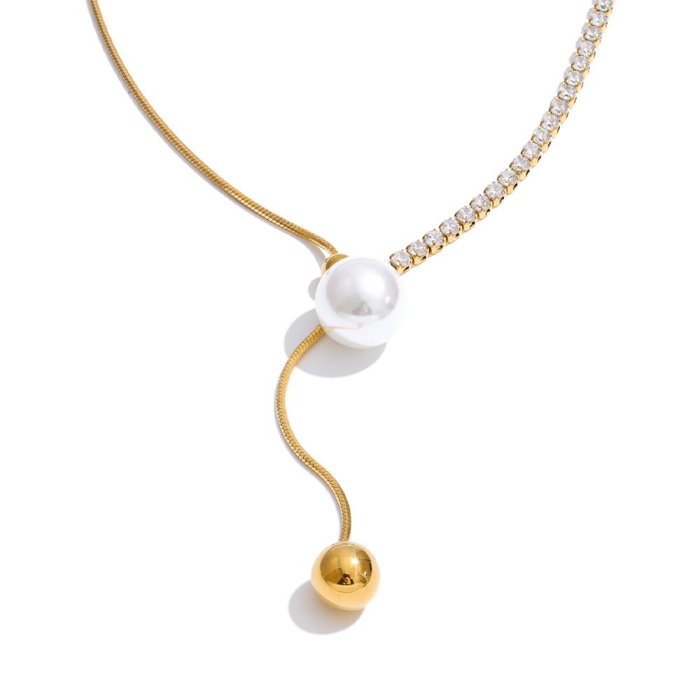 

Yhpup High Quality Cubic Zirconia Chain Simulated Pearls Round Drop Korean Necklace Stainless Steel Charm Fashion Bling Jewelry