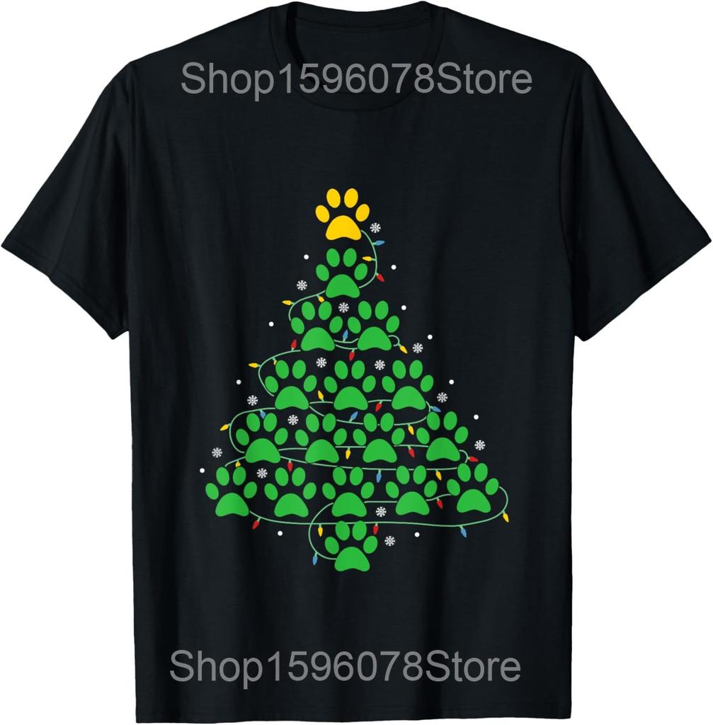 Dog Paws Print Christmas Tree Lights Dog Lover T Shirts Men Cotton Humor Streetwear Tee Shirt Short Sleeve Unisex Loose Clothing