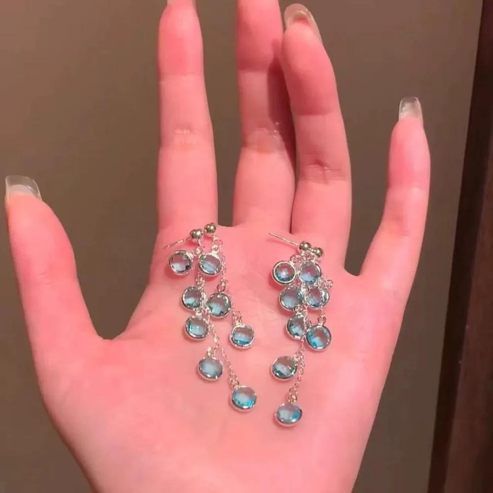 Exquisite Luxury Ice Lake Blue Crystal Tassel Pendant Dangle Earrings for Women Party Fashion Designer Jewelry Accessories Gifts