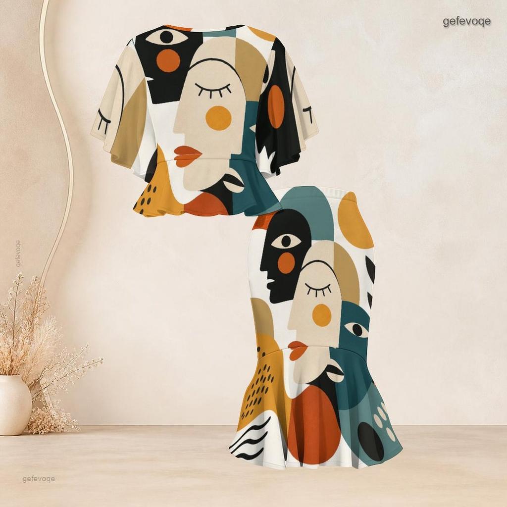 Women Plus Size Printed Round Neck Batwing Short Sleeve Ruffle Hem Top Fishtail Skirt Two Piece Set