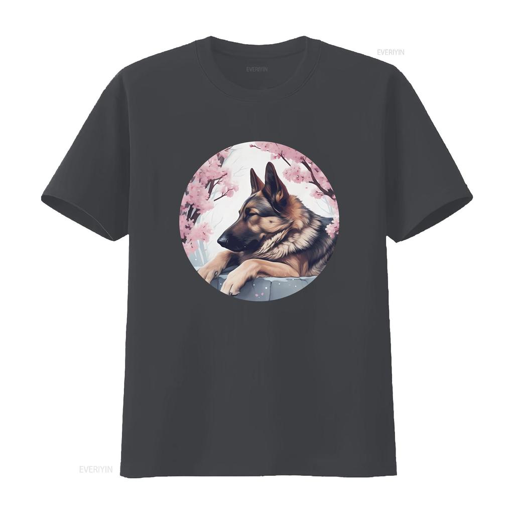 German Shepherd Dog Cherry Blossom T Shirt Perfect GSD Japan for Lovers Vintage Washed Casual Designer Clothes Soft Homme
