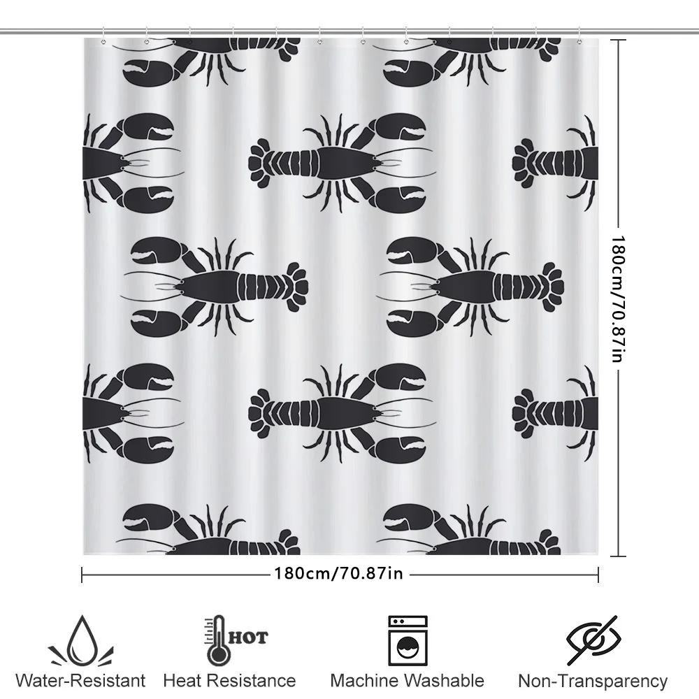 Whimsical Black Lobster Print Shower Curtain For Bathroom Decor White Fabric Waterproof Easy Install Shower Curtain Rings Includ