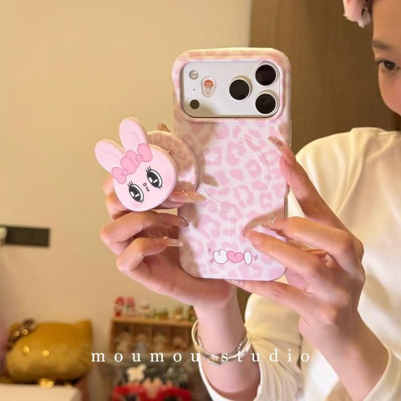 Ancient Pink Leopard Print Rabbit Magnetic Suction Bracket for iPhone17promax Apple 16 Mobile Phone Case 15 New Models