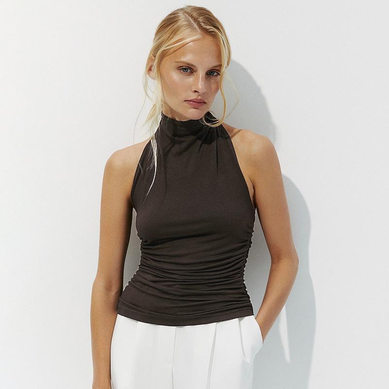 European and American women's clothing summer new solid color halter sexy neck vest T-shirt top women