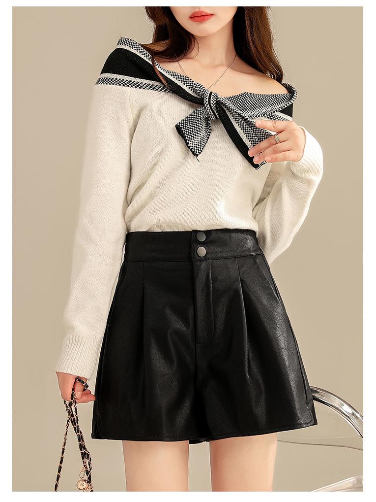 

Женские шорты А-силуэта с высокой талией из коричневой искусственной кожи для осени/зимы 2025 - Повседневная мода с широкими штанинами. 2XL чёрный