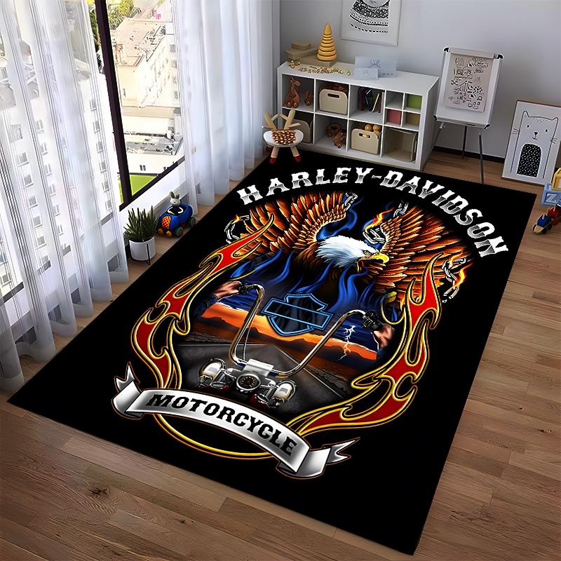 "Harley Davidson Eagle Fire Motorcycle Printed Black Carpet Decor" Suitable for use as an anti-slip for living room bedroom sofas