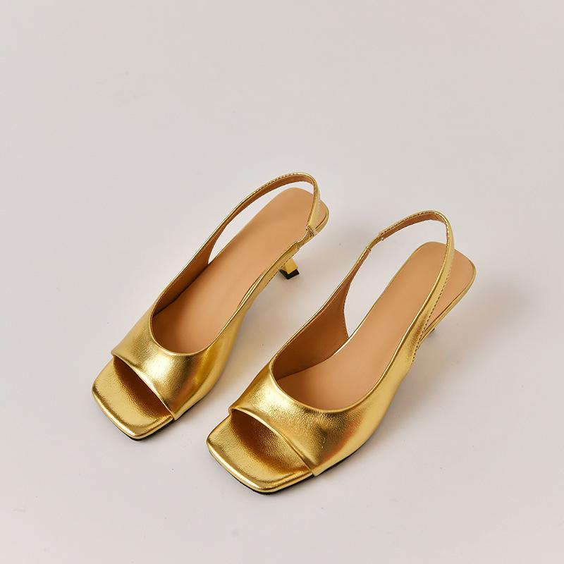 2025 new French retro silver cat heel fish mouth open-toed sandals women's summer high heels