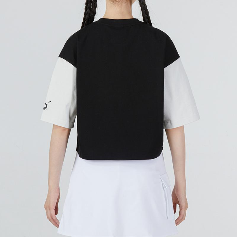 Puma Color Block Cropped Tee Logo Round Neck Short Sleeve T-Shirt Women Tops Black 535007-01