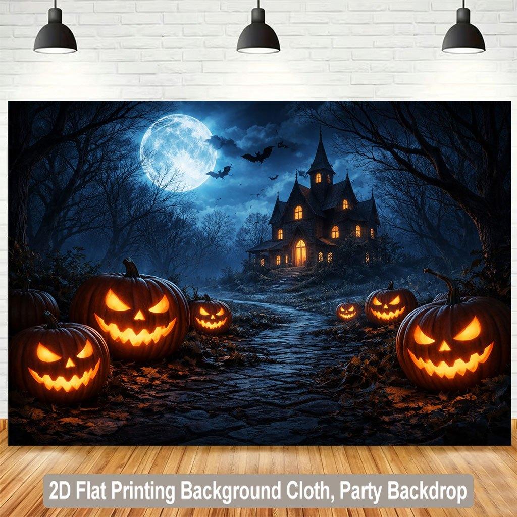 1 piece of 2D flat background fabric Halloween pumpkin lanterns and mysterious haunted house background banner.PMJ