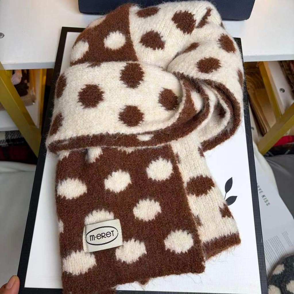 Korean Double-sided Knitted Scarf with Large Wave Dots, Women's Autumn and Winter Literary Sense, Warm and Cold-proof Scarf, Lazy Wind