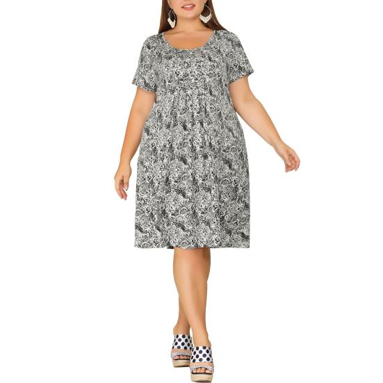 Women Dress Round Neck Short Sleeve Pleated Detail Short Dress Floral Print Flowy Hem Loose Fit Dress Plus Size