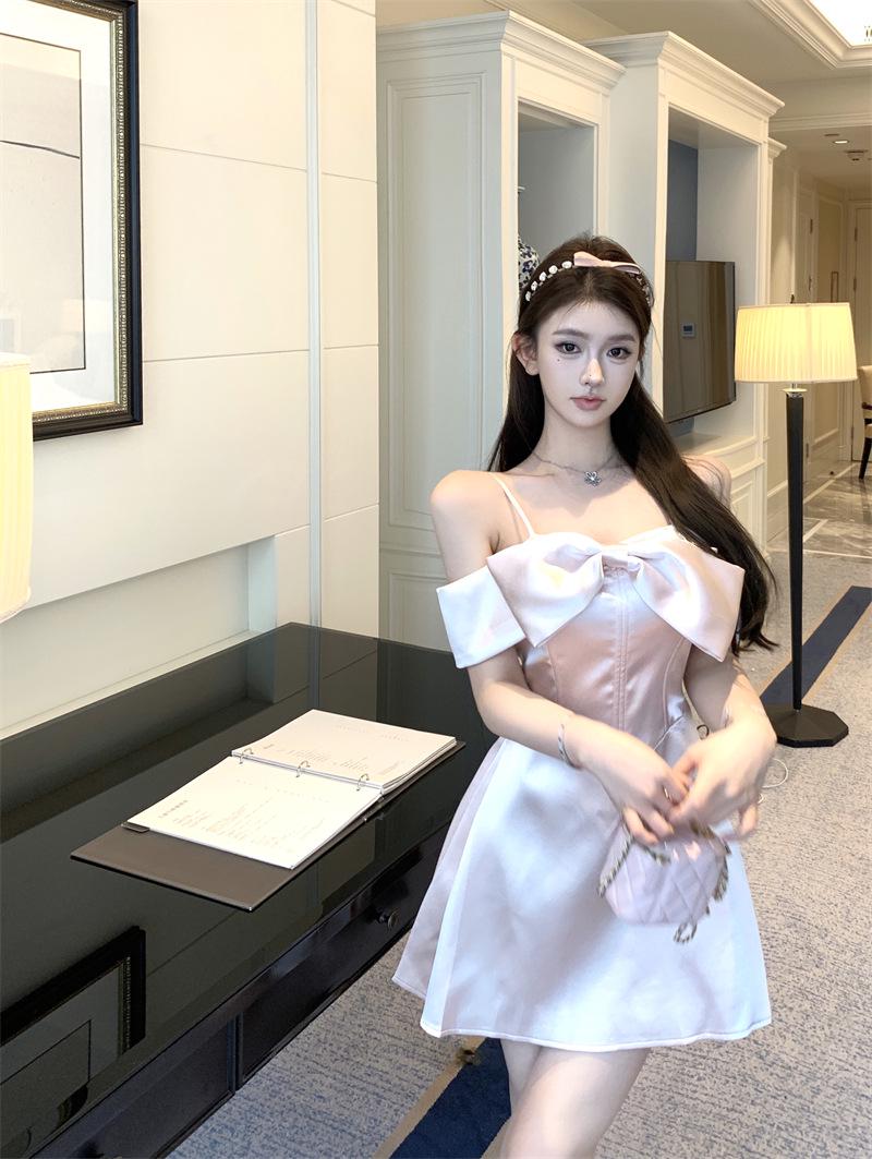 

Женское высококлассное платье-комбинация на одно плечо с бантом в французском стиле - Летняя принцесса пышная юбка M розовый