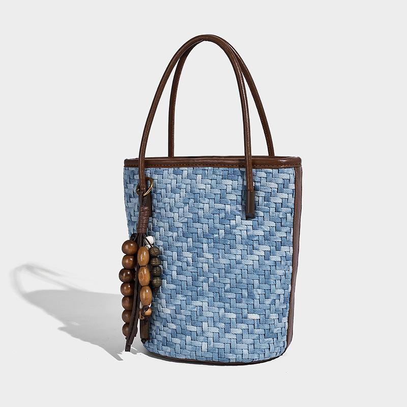 Niche Color-Block Woven Bag 2025 New Fashion Light Luxury Bucket Bag Single Shoulder Crossbody Bag Trendy Handbag