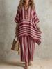 Dames gestreept print V-hals top met halve mouwen en wijde broek tweedelig set casual losse pasvorm zomeroutfit