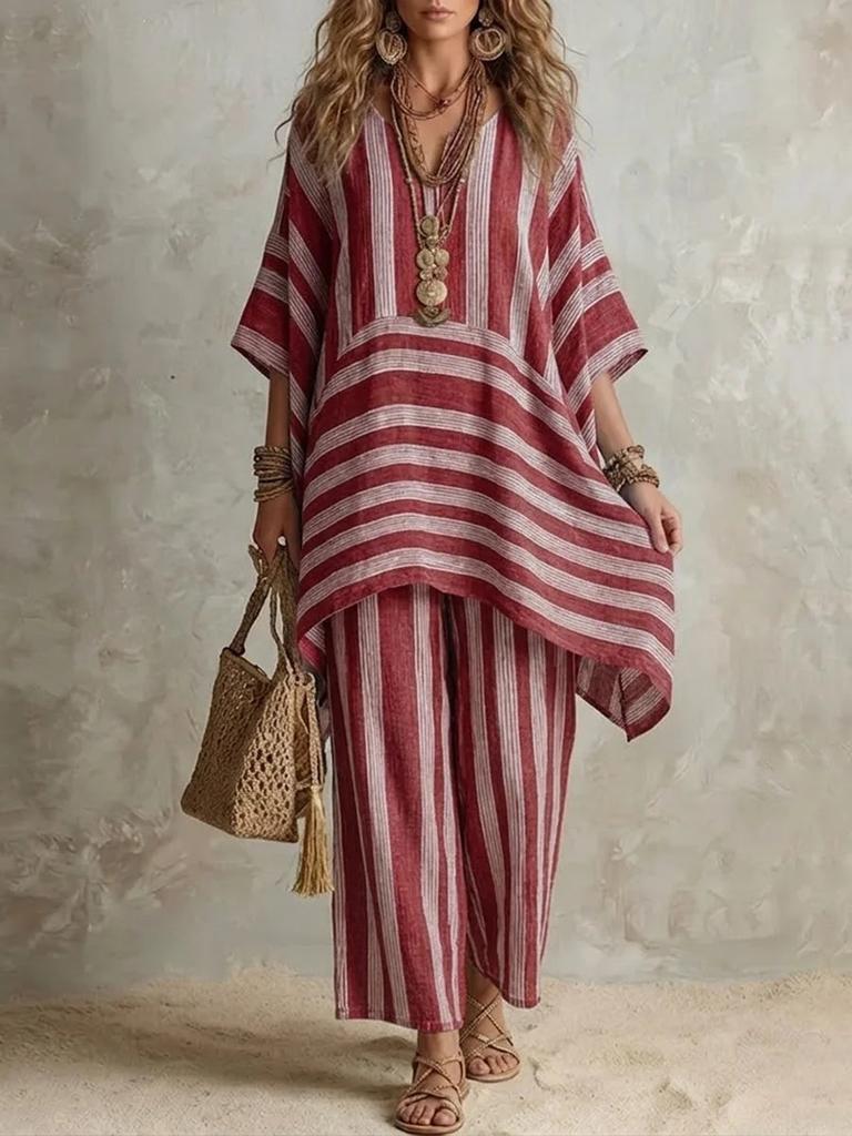 Dames gestreept print V-hals top met halve mouwen en wijde broek tweedelig set casual losse pasvorm zomeroutfit