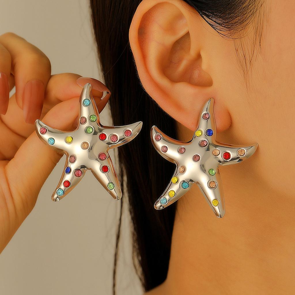 Trendy Simulated Starfish Stud Earrings for Women Exquisite Colored Rhinestones Summer Beach Daily Jewelry