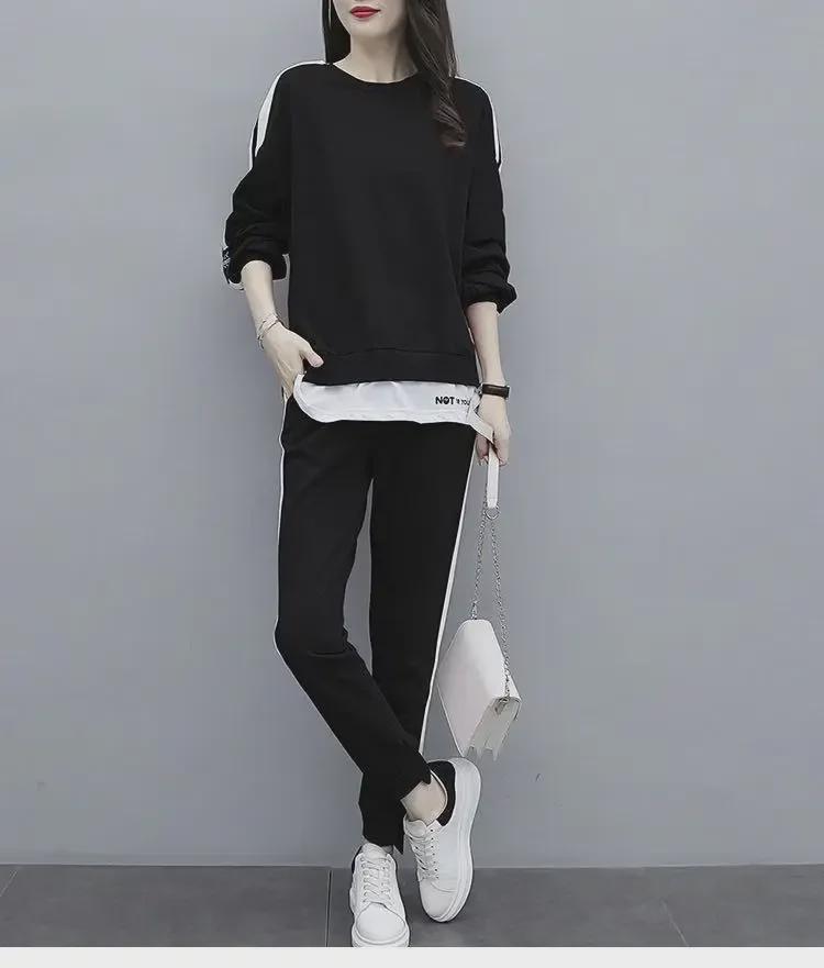 Damkläder i stora storlekar, avslappnad sportdräkt: Trendigt 2-delat set med tröja och byxor för vår/höst, trendig och slimmande design.