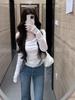 French White Lace Asymmetrical Off-Shoulder Long Sleeve Cotton T-shirt