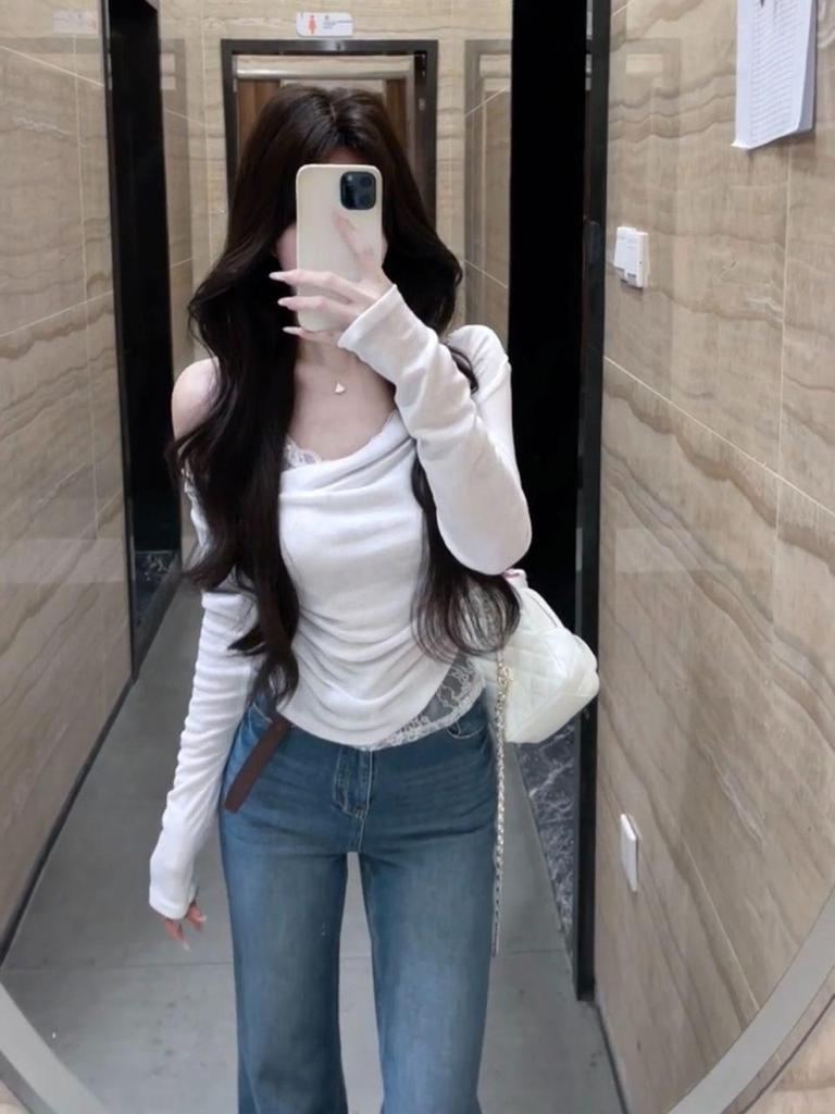 French White Lace Asymmetrical Off-Shoulder Long Sleeve Cotton T-shirt