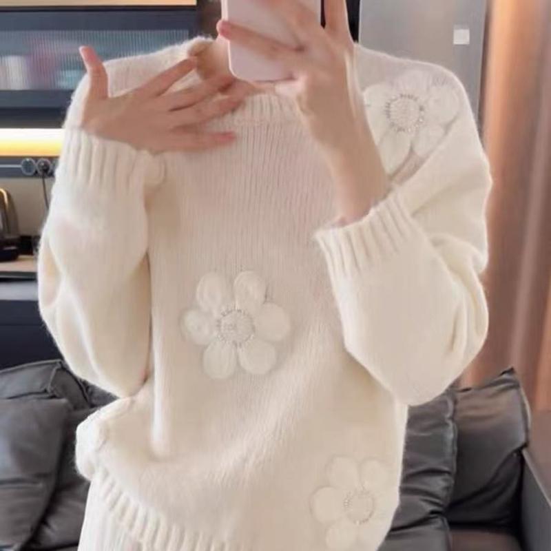 Suéter Feminino de Lã com Contas de Unha Flor 3D Doce Tricotado Gola Redonda Outono Solto Suave Fashion Pulôver Feminino