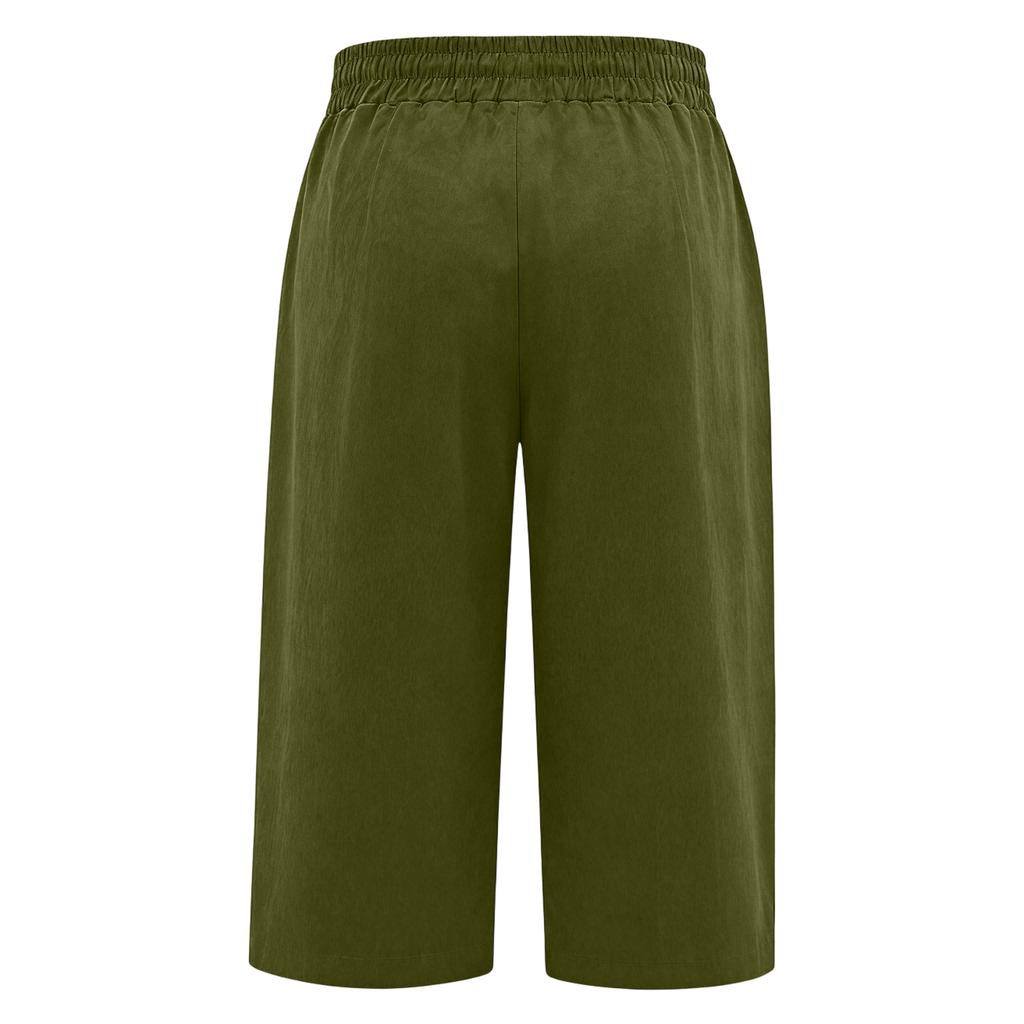 Damen Baumwoll-Leinen Cropped Hose Elastischer Bund Lässig Locker Strand Gerade Tasche Hose