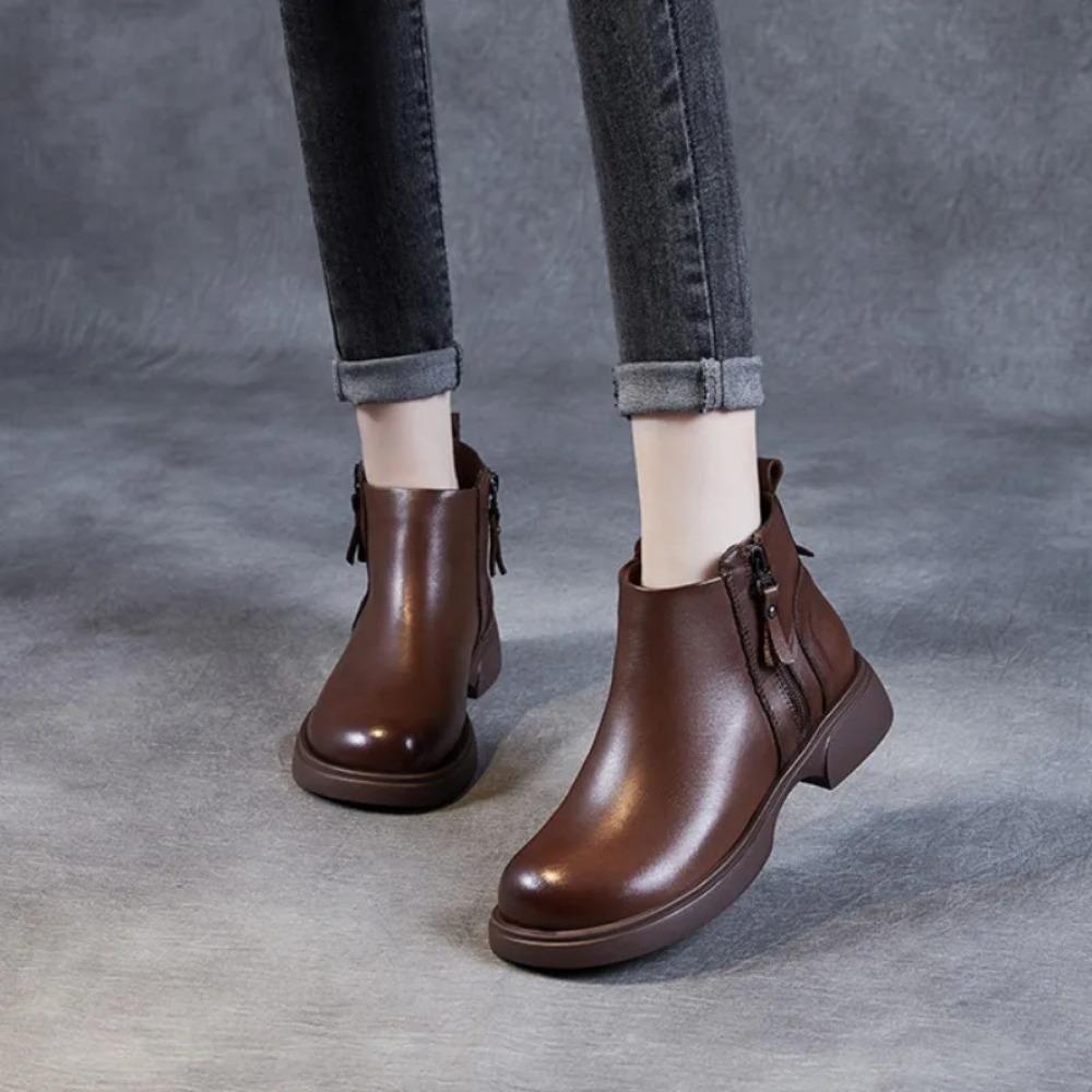 Autumn/Winter Genuine Leather Women's Boot Side Zipper Single Boot New Flat Bottom Short Boots Chelsea Womans Shoes