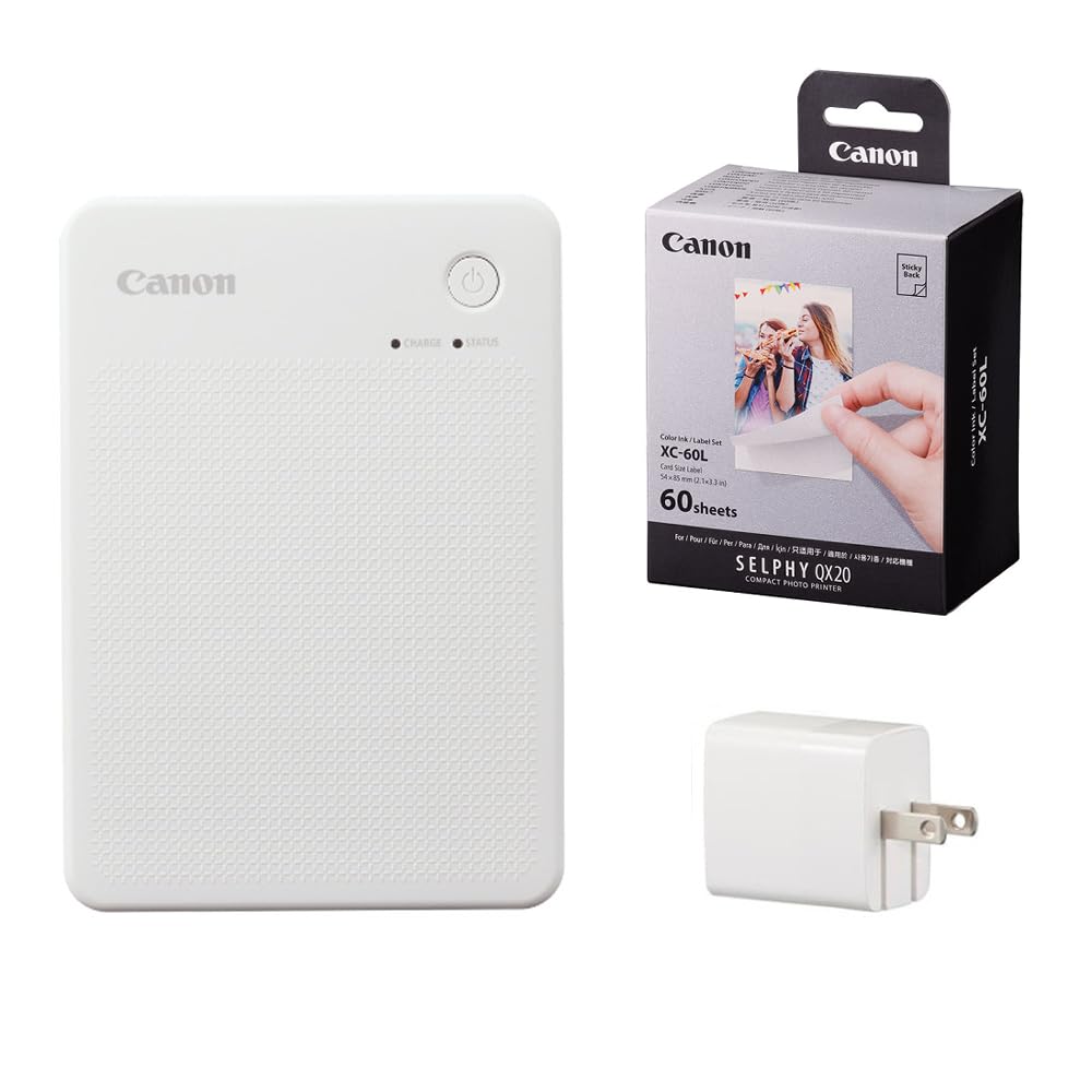Canon Selphy QX20 Smartphone Printer (White, 6752C001) with Genuine 60-Sheet Label Ink Set (XC-60L) and AC Adapter (3-Piece Set)
