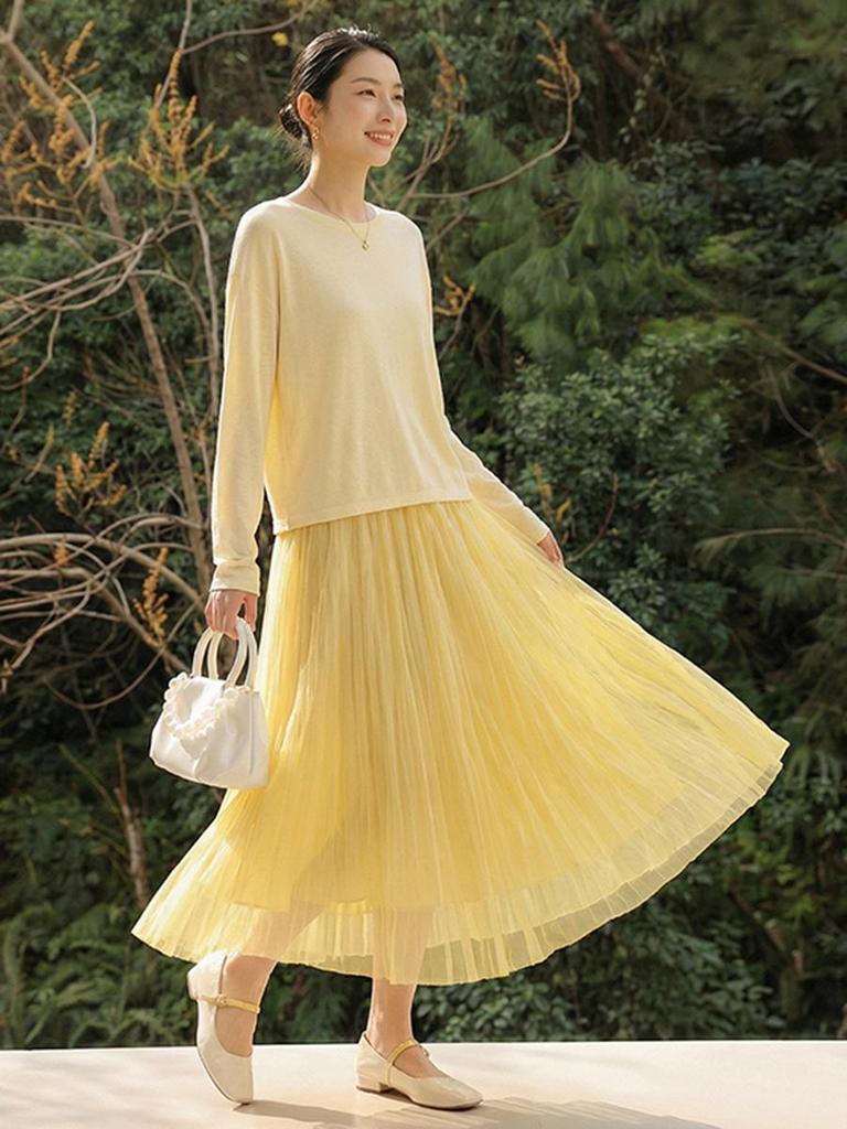 Feiyuan Women's Versatile Pleated Mesh Midi Skirt - Early Spring, Breathable, Large Hem, Commuter Style.