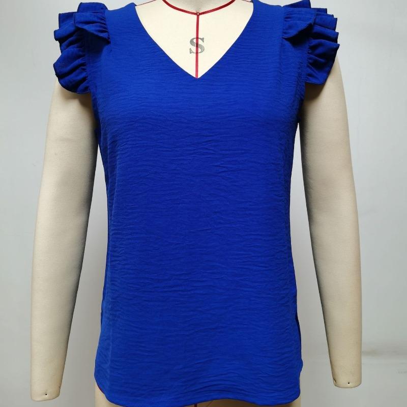 Fashion New V-neck Ruffled Casual Shirt Women Summer Sleeveless Blouse for Women Elegant Vintage Solid Simple Ladies Blouses and Tops 24664