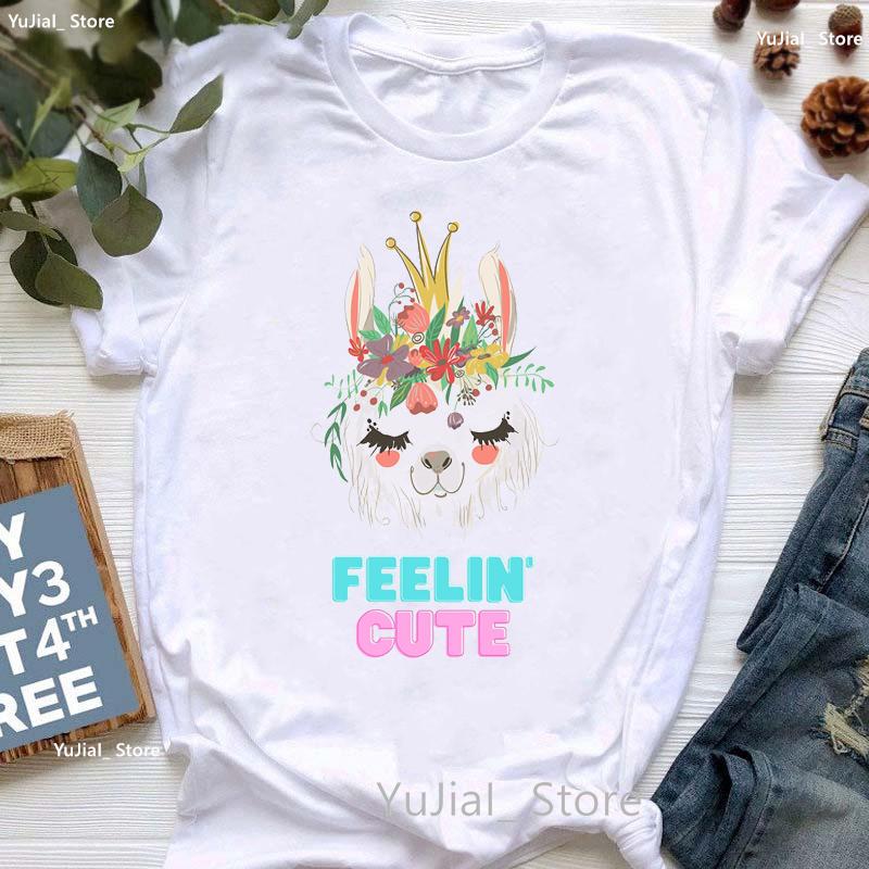 Kawaii Alpaca With Flowers And Coffee Print T Shirt Girls Summer Short Sleeve Tshirt Femme Fashion Tops Tee Shirt Female