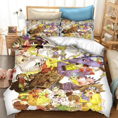 Impression 3D Anime Digimon Adventure Ensemble de housse de couette 3D Literie Couette Taies d'oreiller en lin Décoration de la maison Simple Double Jumeau King Queen