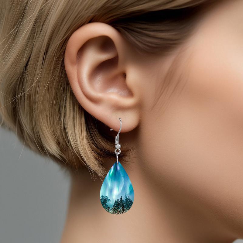 Boho Style Aurora Borealis Teardrop Earrings, Blue-Green PU Leather Earrings, Fashion Earrings, Elegant Earrings Party Earrings