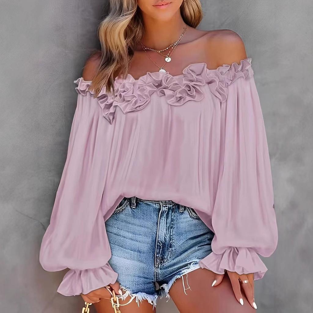 Spring and Autumn Leisure Lotus Leaf Edge Off Shoulder Long Sleeve Elegant Style Women’s Blouses & Shirts