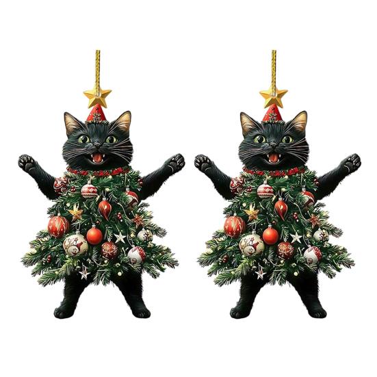 Cute Animal Tree Decor 2Pcs Christmas Cat Acrylic Ornament, 2D Flat Kitty Hanging Pendant with Holiday Party Supplies Santa Hat Decor, Car Rearview