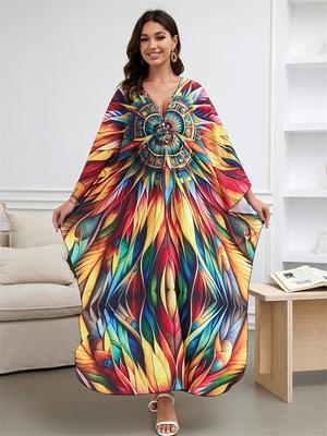 Plus Size Kaftan Colorful Bohemian Printed Summer Long Beach Dress Women Homewear Outfit Swim Suit Cover Up Loose Caftan
