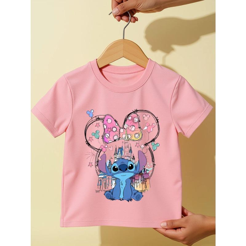 Disney Stitch Summer Cotton Children T-Shirts Kids Clothing Cute Girls Casual Comfort Short Sleeve Cartoon Figure Printed Tshirt