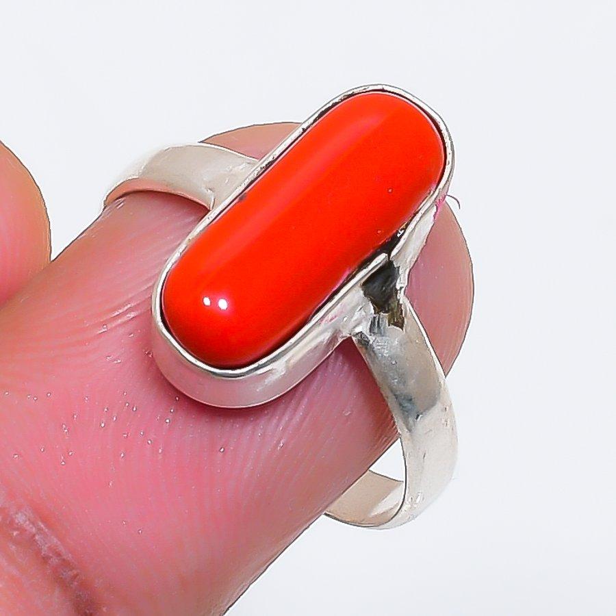 Natural Italian Red Coral Gemstone 925 Sterling Silver Jewelry Ring Size 7 ZS-1786
