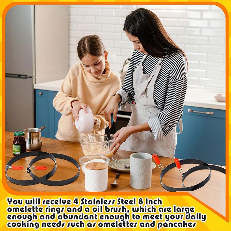 2/4 Packs 8 Inch Omelette Rings for Griddle Large Stainless Steel Nonstick Pancake Molds With Oil Brush Omelet Egg Ring Maker