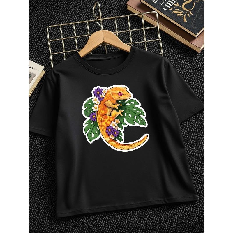 Kids Crewneck Short Sleeve T-Shirt, Gecko Green Leaves Purple Flowers Creative Print Summer Casual Tee
