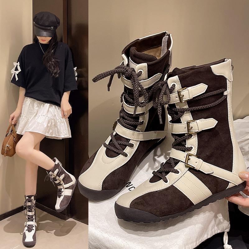 Retro leather boxing boots women's summer new Martin boots platform boots medium boots