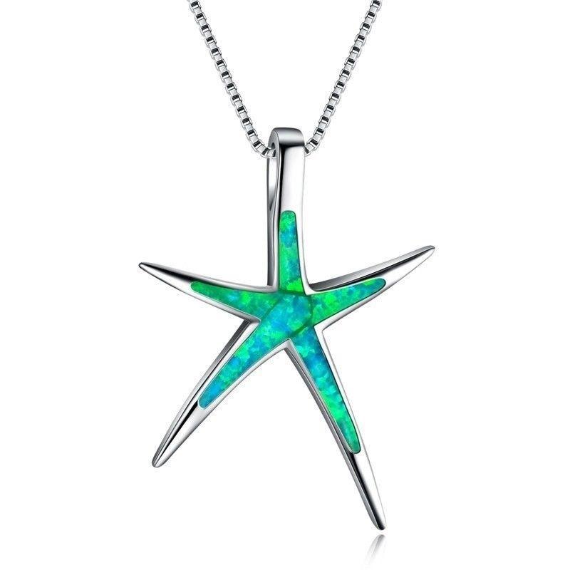 Fashion Women Ocean Starfish Pendant Necklace Featuring Vibrant Blue Green And White Fire Opal Stones