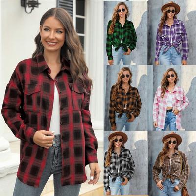 Camicia a quadri da donna a maniche lunghe con bottoni, top casual primaverile