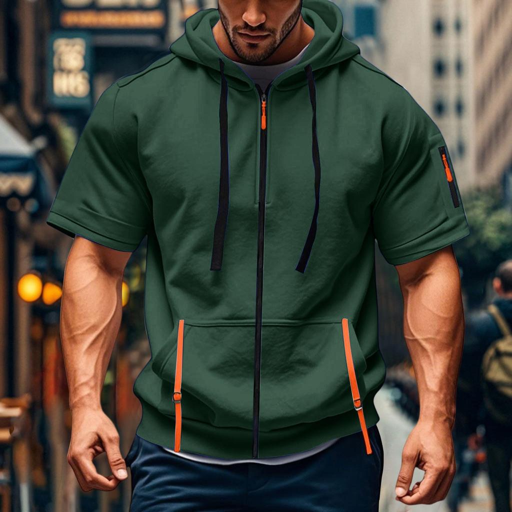 Men's Casual Short-sleeved Sweatshirt. Loose And Breathable Solid-color Sweatshirt Jacket With Multiple Pockets And A Zipper.