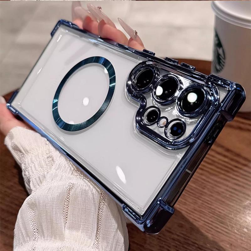 For Magsafe Clear Soft TPU Shockproof Cover For Samsung Galaxy S25 Edge S24 Ultra S23 FE S22 + Plus Magnetic Lens Film Plating Silicone Case