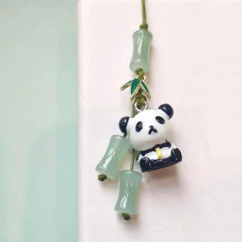 Stylish Cyan Pandas/Fan Phone Lanyard Trendy Han Costume Pendants Fashion Bamboo Joint Phone Charm Straps Ornaments