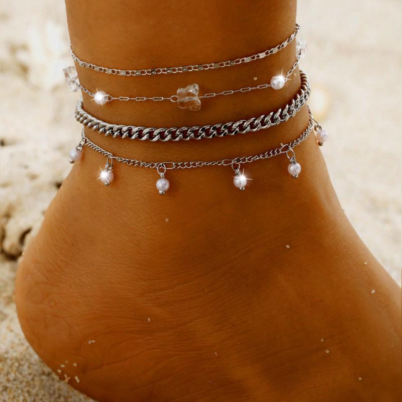 European Style Multi-Layer Metal Chain Anklet Set - Trendy Stackable Foot Jewelry