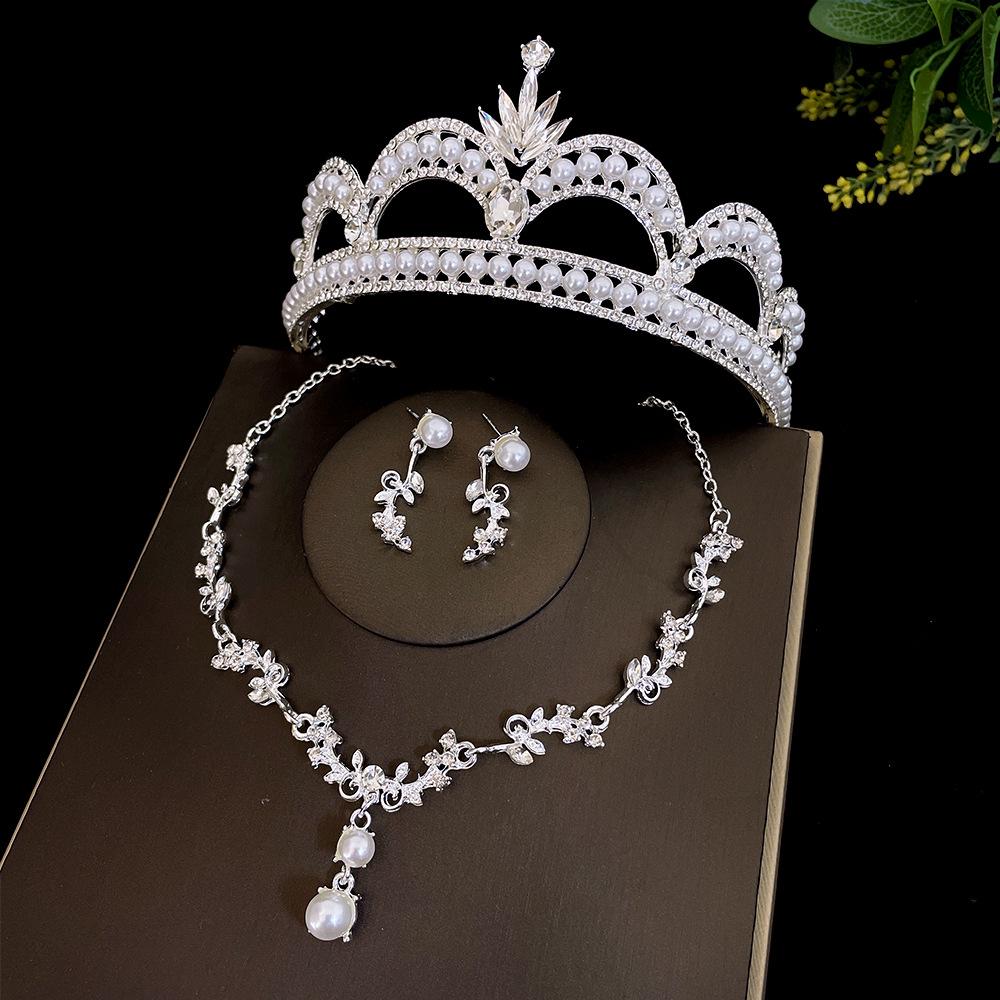 Imitation Pearl Bridal Crown Three Piece Set Wedding Crown Tiara Necklace Earrings Korean Super Fairy Wedding Dress With