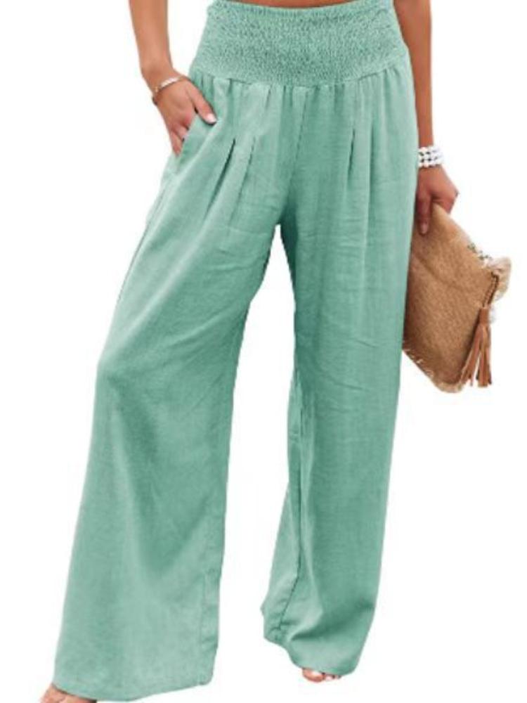 High Waisted Wide Leg Pants with Elastic Waistband, Light Beige Loose Fit Trousers for Women
