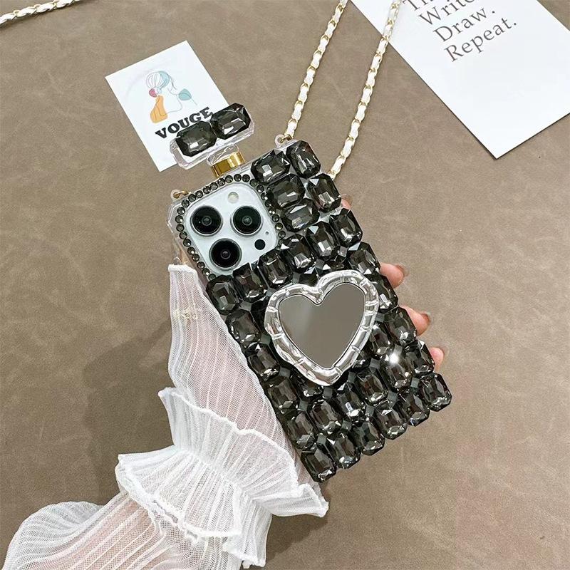 Rhinestone Love Mirror Mobile Phone Case for IPhone17 Perfume Bottle for Apple 14 Crossbody Cord 16 Full Diamond Luxury 13