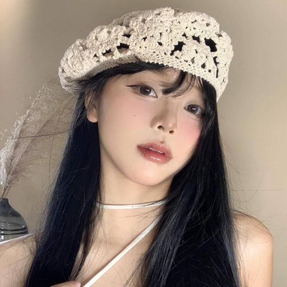 Japanese Style Flower Hat Thin Crochet Knitted Cap Vintage Hollowed Out Beret  Gift